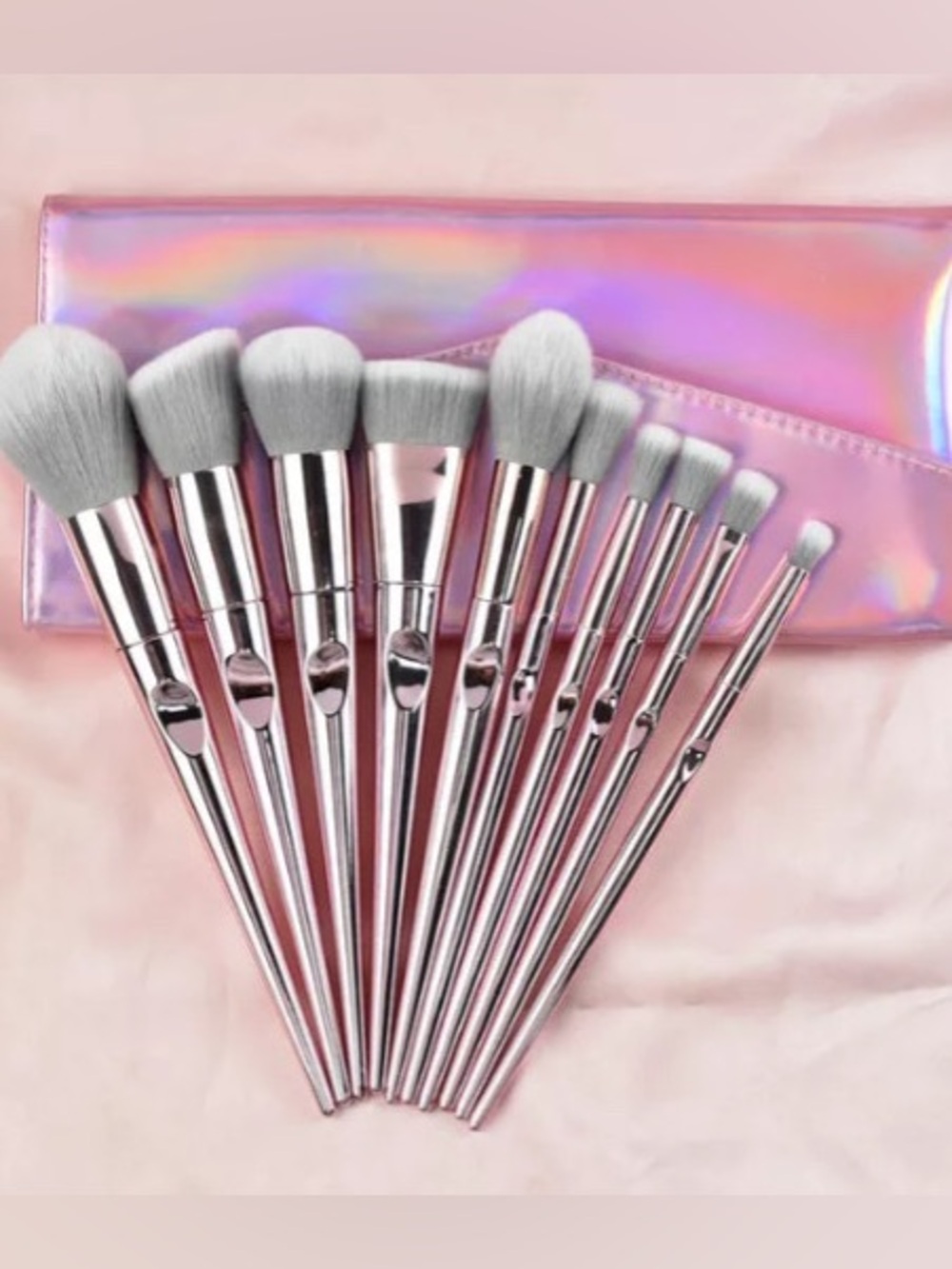 Silver and White 10-Piece Professional Makeup Brush Set with Holographic Pouch